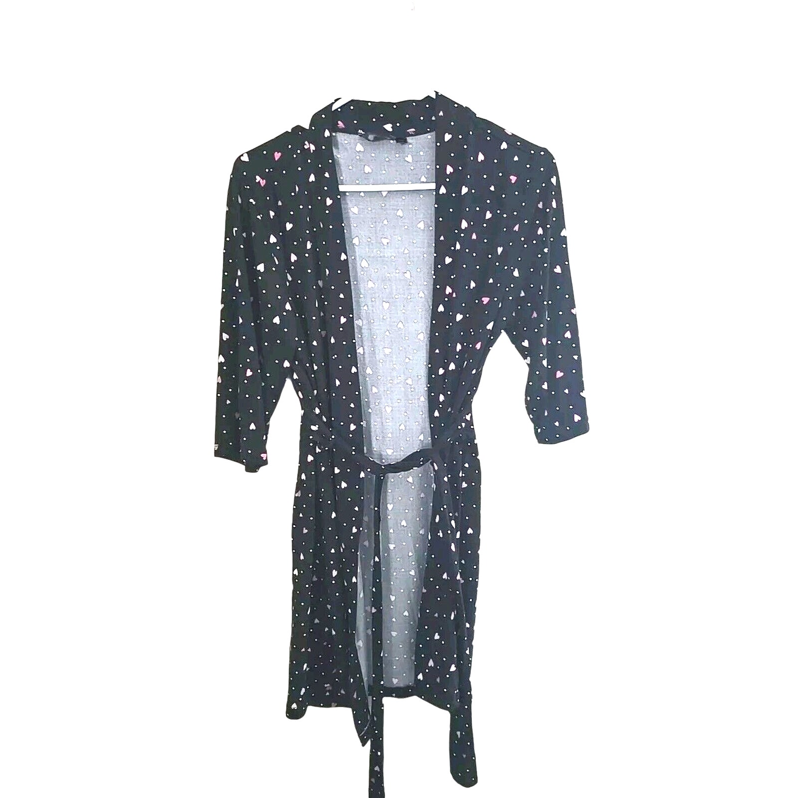 Womans Black Heart Polka Dot Print Lightweight Belted Long Sleeve Robe Sz Medium